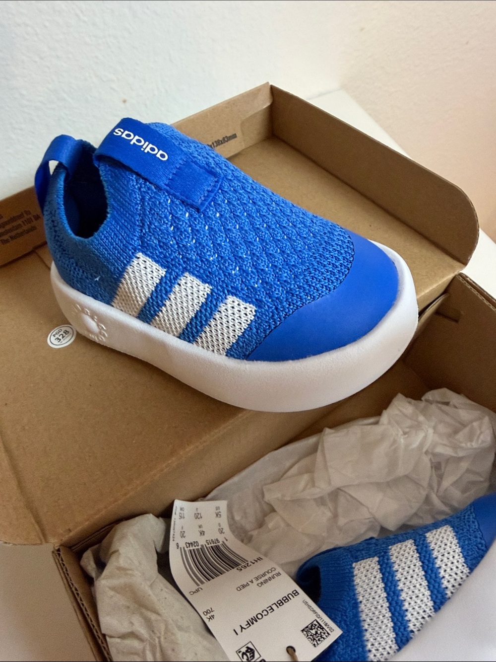 adidas Kids Royal Blue Knit Slip-On Sneakers with White Stripes